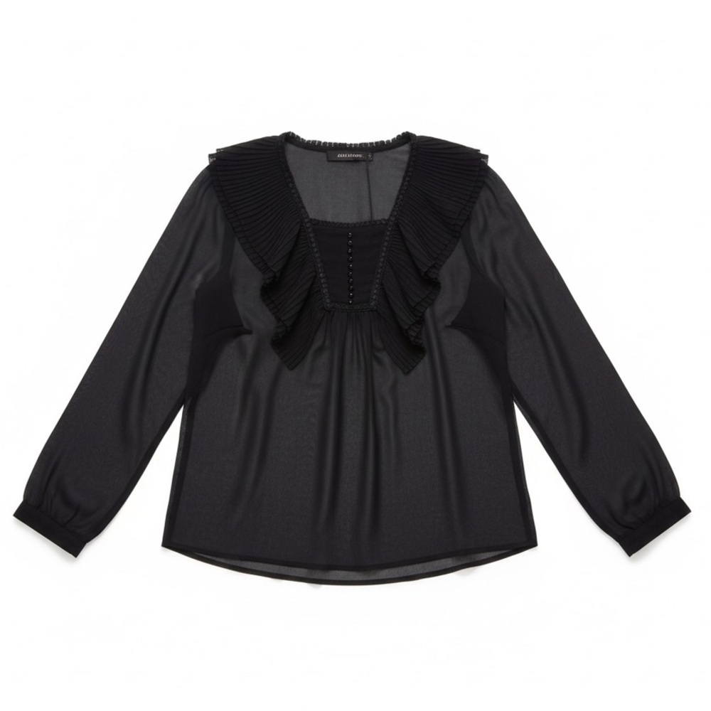 Zara Basic Sheer Blouse Ruffled Long Sleeve Size XS